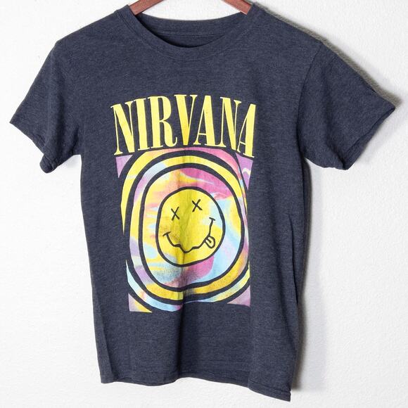 Nirvana Band Tee Graphic Smiley Navy Size XS Soft Grunge - Picture 1 of 3